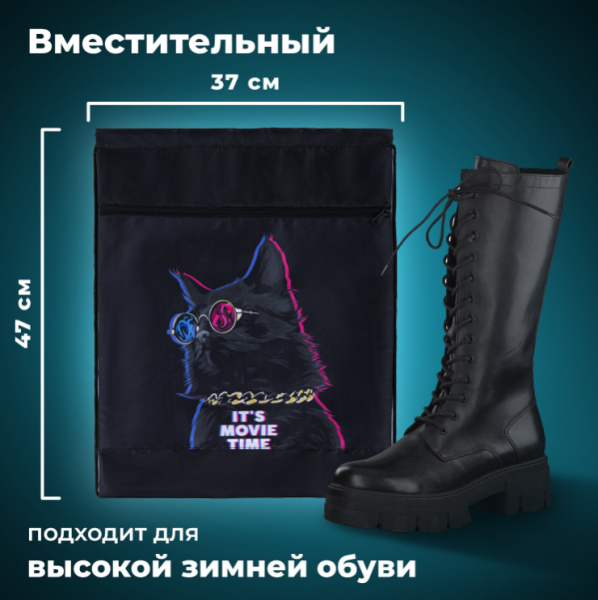 Мешок для обуви BRAUBERG, с петлёй, карман на молнии, 47х37 см., рисунок Кот в очках